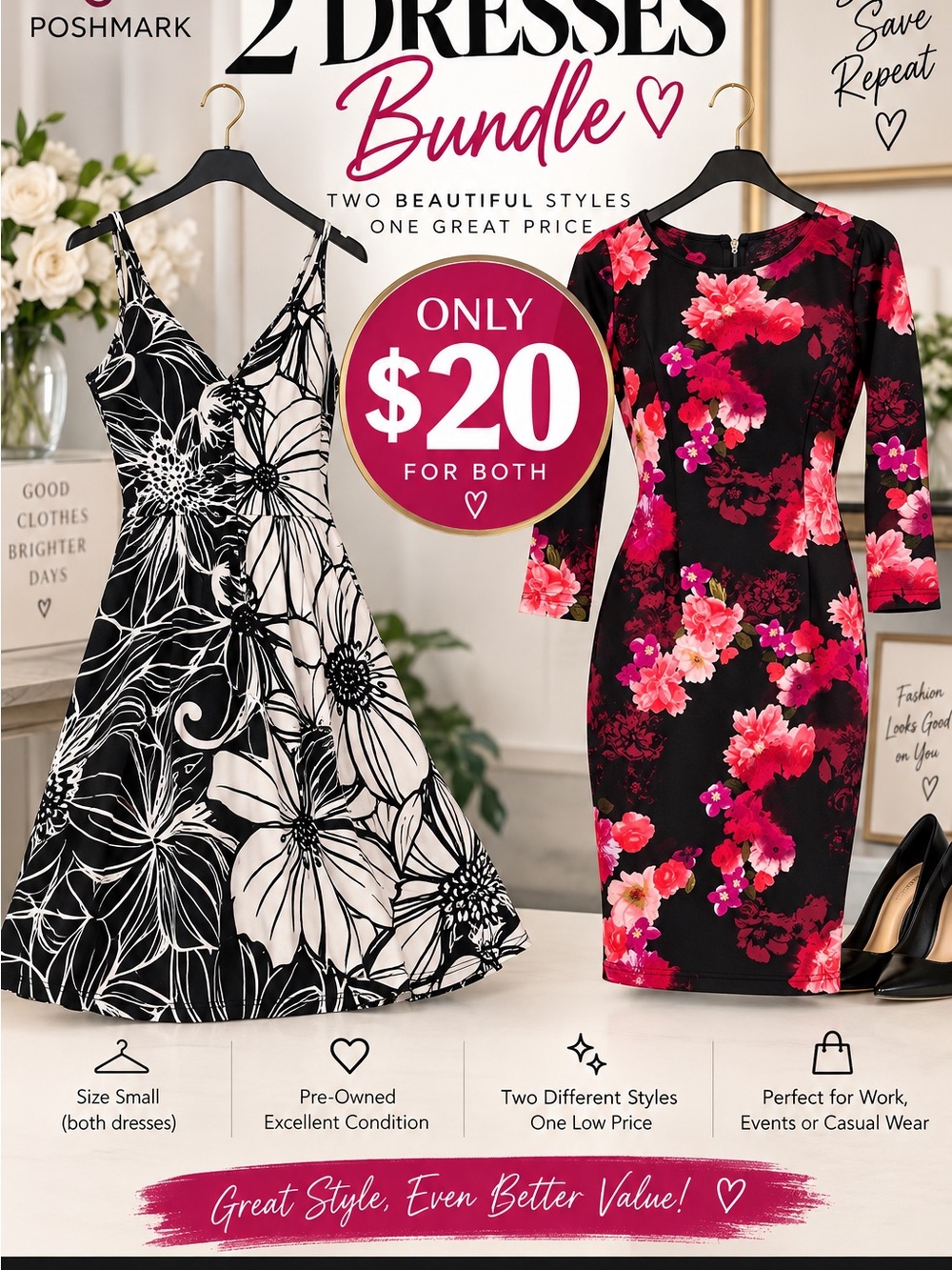 Unknown Brand Women’s Black & Pink Floral Dress Bundle — Two Styles